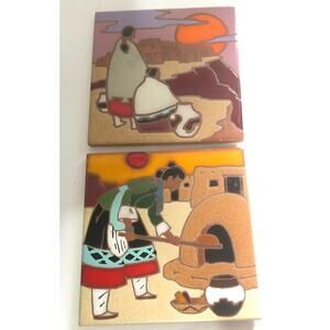 2 Trivets Santa Fe Southwest American Indian Tile Woman Baking Bread Indigenous